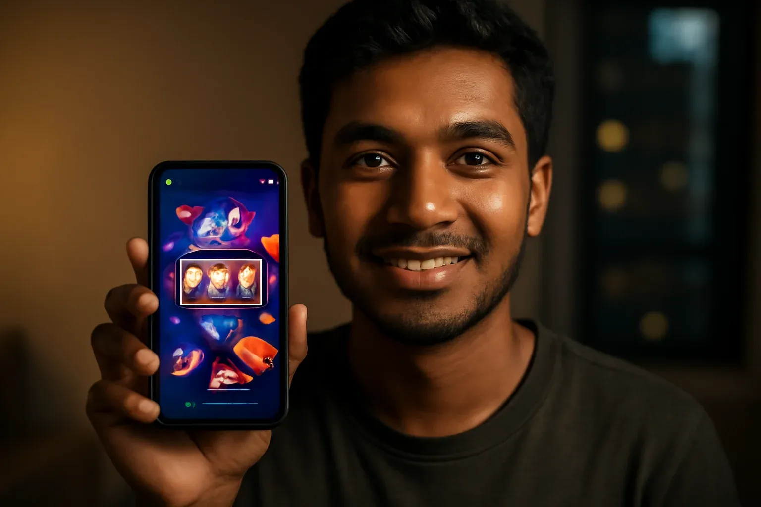 Young Bangladeshi man smiling while showing colorful mobile casino app
