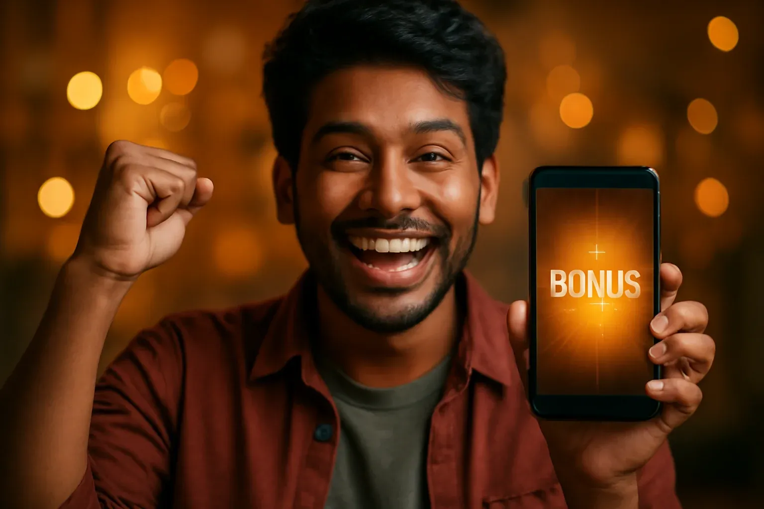 Joyful Bangladeshi man holding smartphone with glowing bonus notification screen
