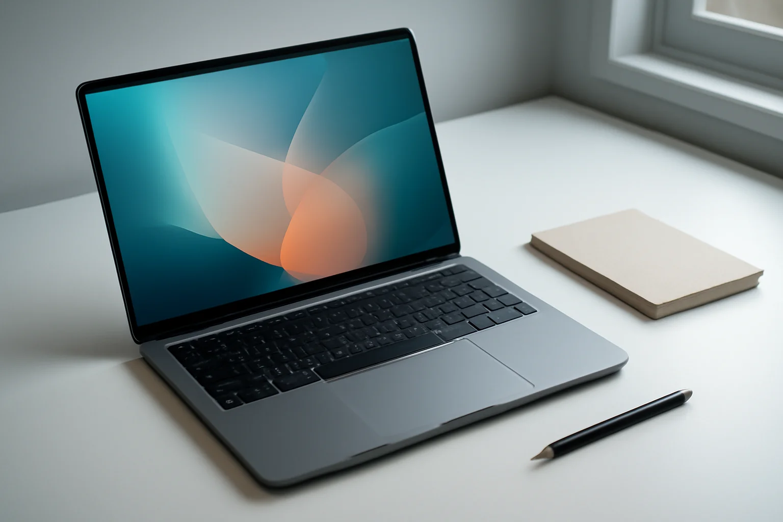 Modern laptop on white desk with glowing abstract screen and notepad