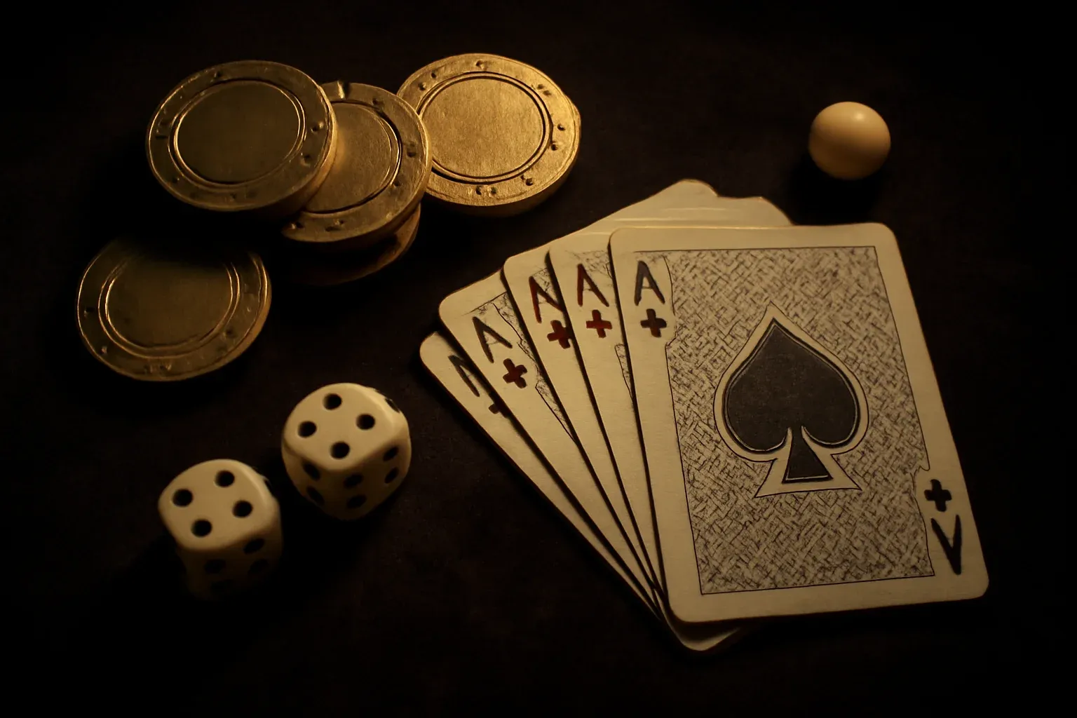 Top-down casino scene with chips, cards, dice, and roulette ball