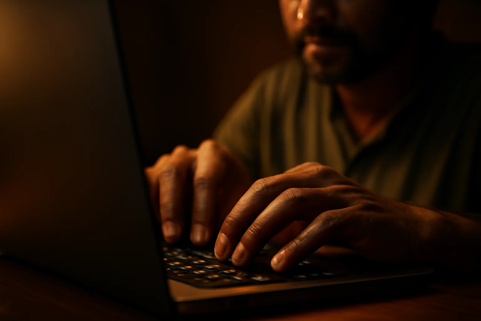 Bangladeshi man's hands typing on modern laptop keyboard in dramatic lighting