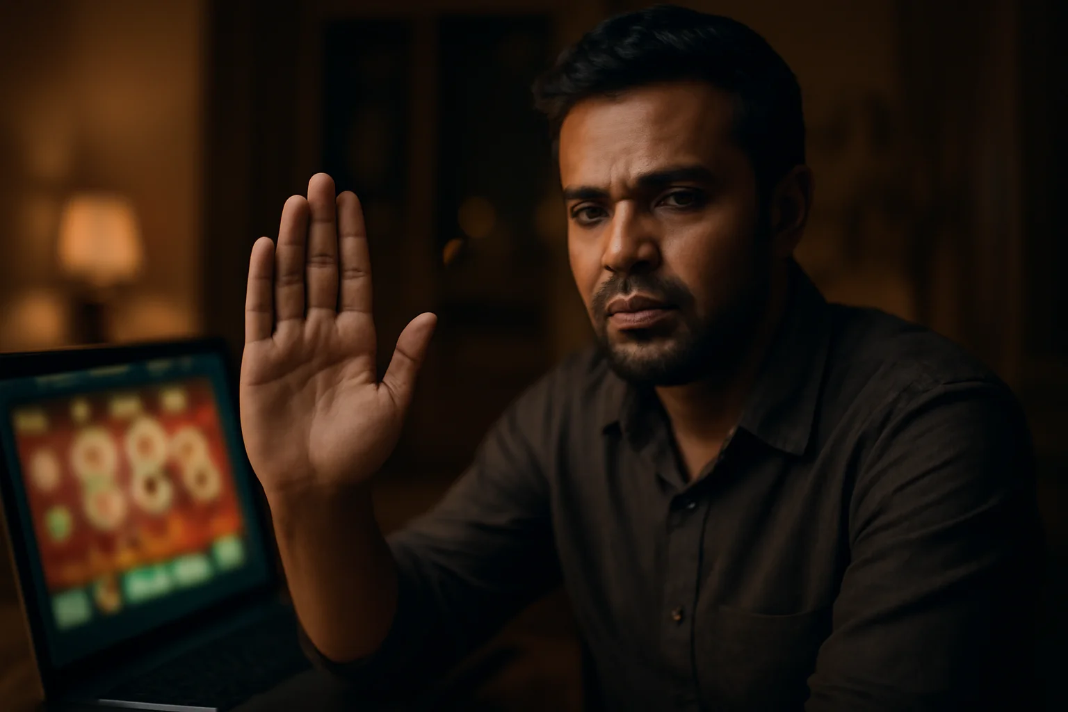 Bangladeshi man making stop gesture beside laptop for responsible gambling awareness