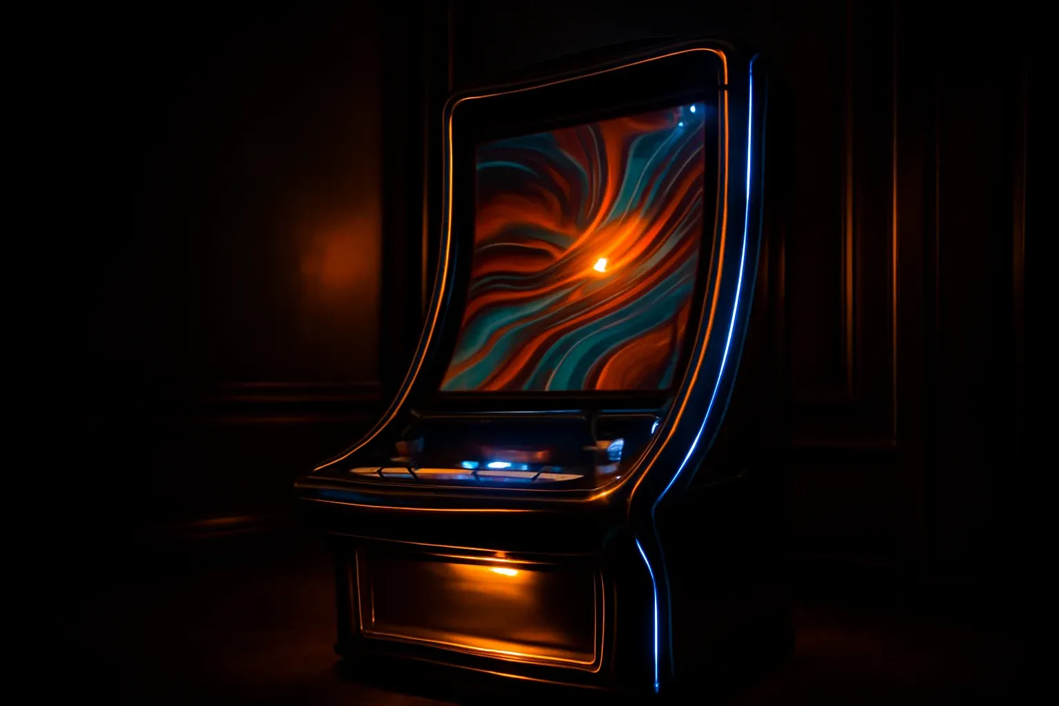 Hyperrealistic premium slot machine in dark luxury setting with neon lighting